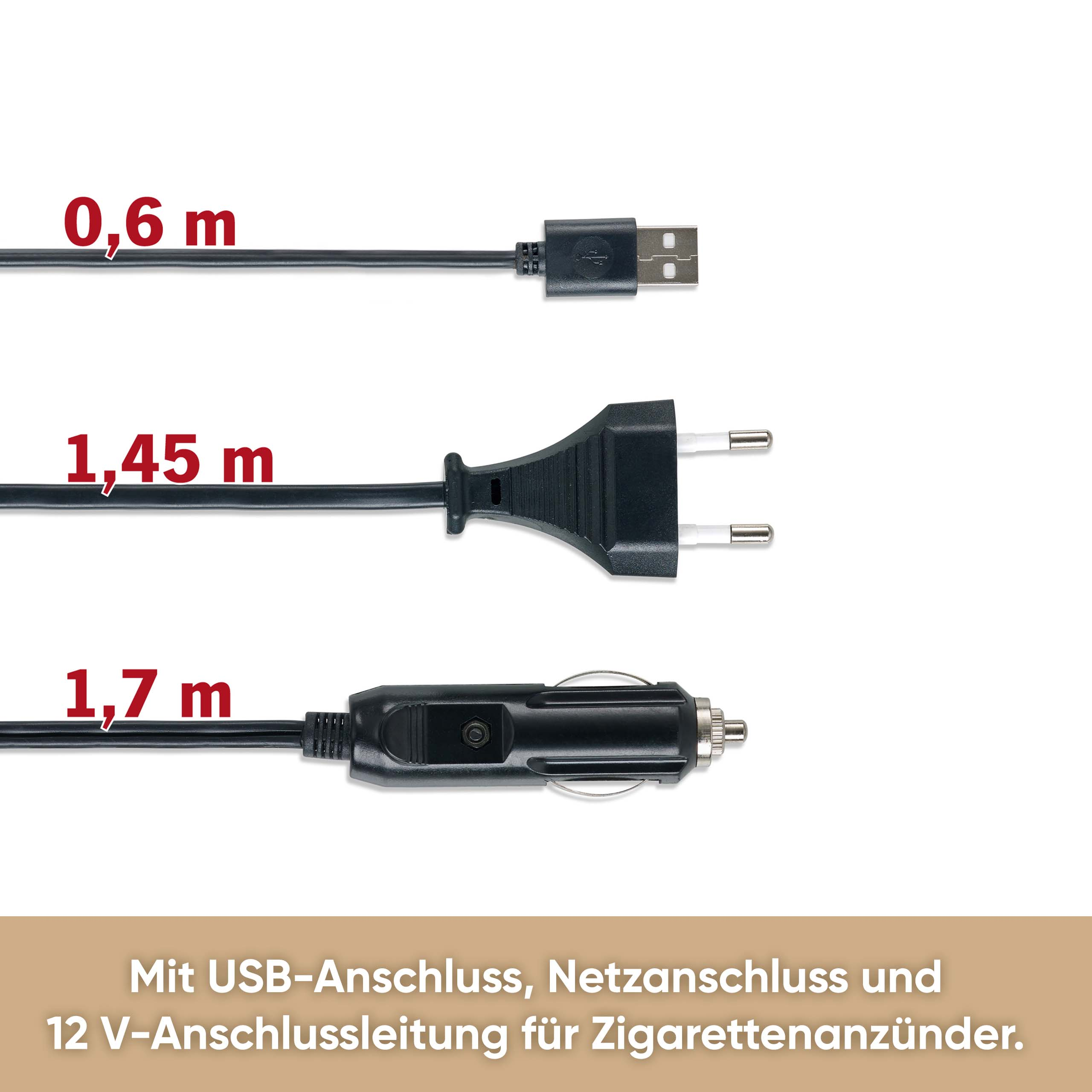 Tre cavi neri di 0,6 m, 1,45 m e 1,7 m con connettore USB, spina di rete e presa accendisigari da 12V.