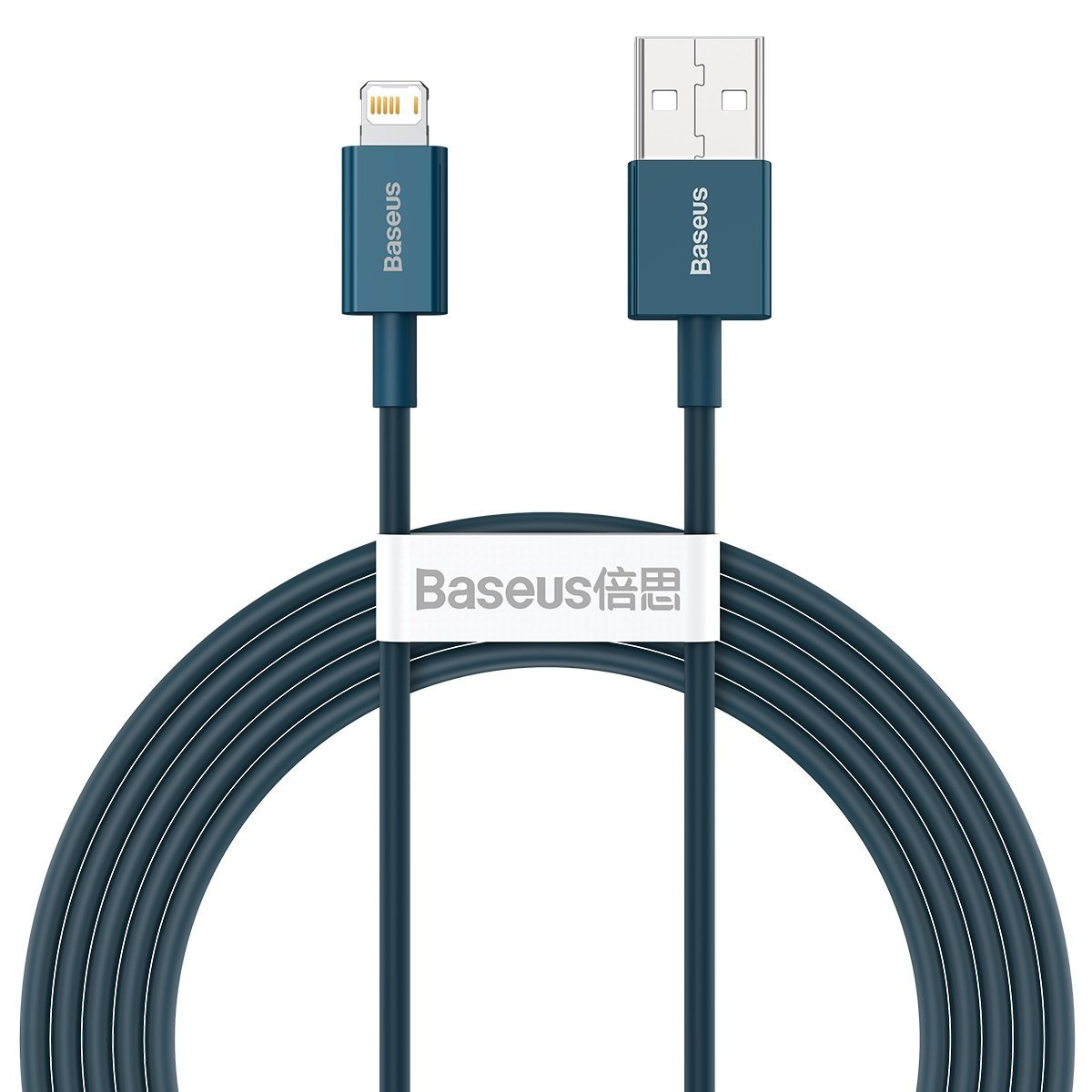 Cavo USB-A a Lightning blu con fascetta bianca con marchio su sfondo bianco.