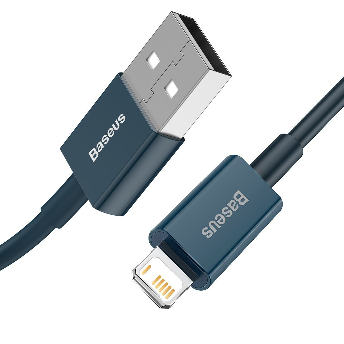 Un cavo di ricarica USB-A a Lightning Baseus blu su sfondo bianco.