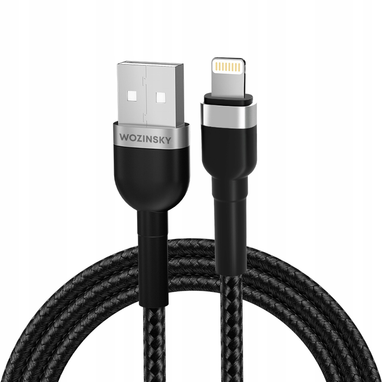 Cavo di ricarica Wozinsky USB-A a Lightning in nylon nero con connettori argentati.