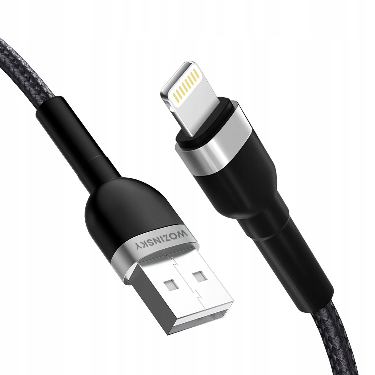Un cavo intrecciato nero da USB a Lightning con dettagli argentati su sfondo bianco.