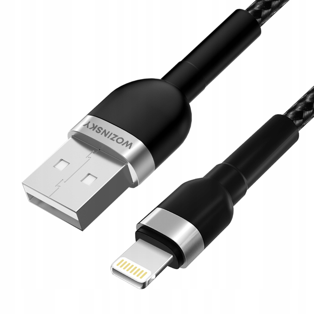 Un cavo di ricarica nero Wozinsky con connettori USB-A e Lightning su sfondo bianco.