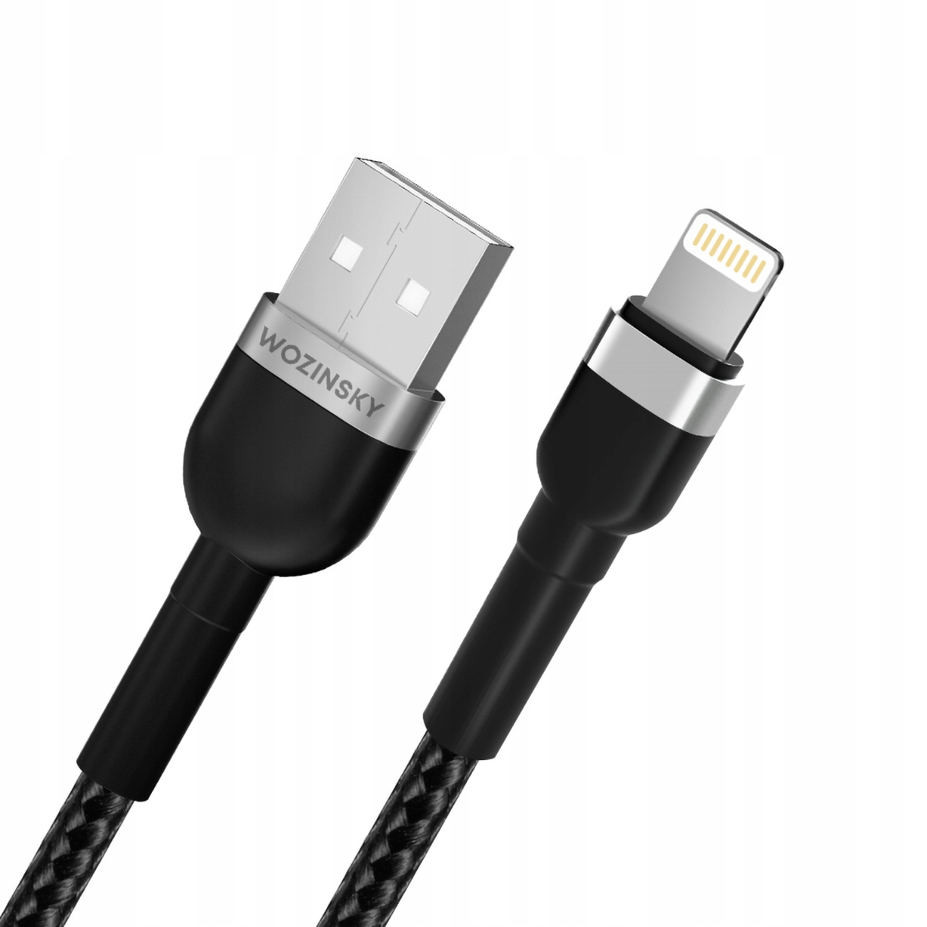 Un cavo nero Wozinsky da USB-A a Lightning con connettori metallici.