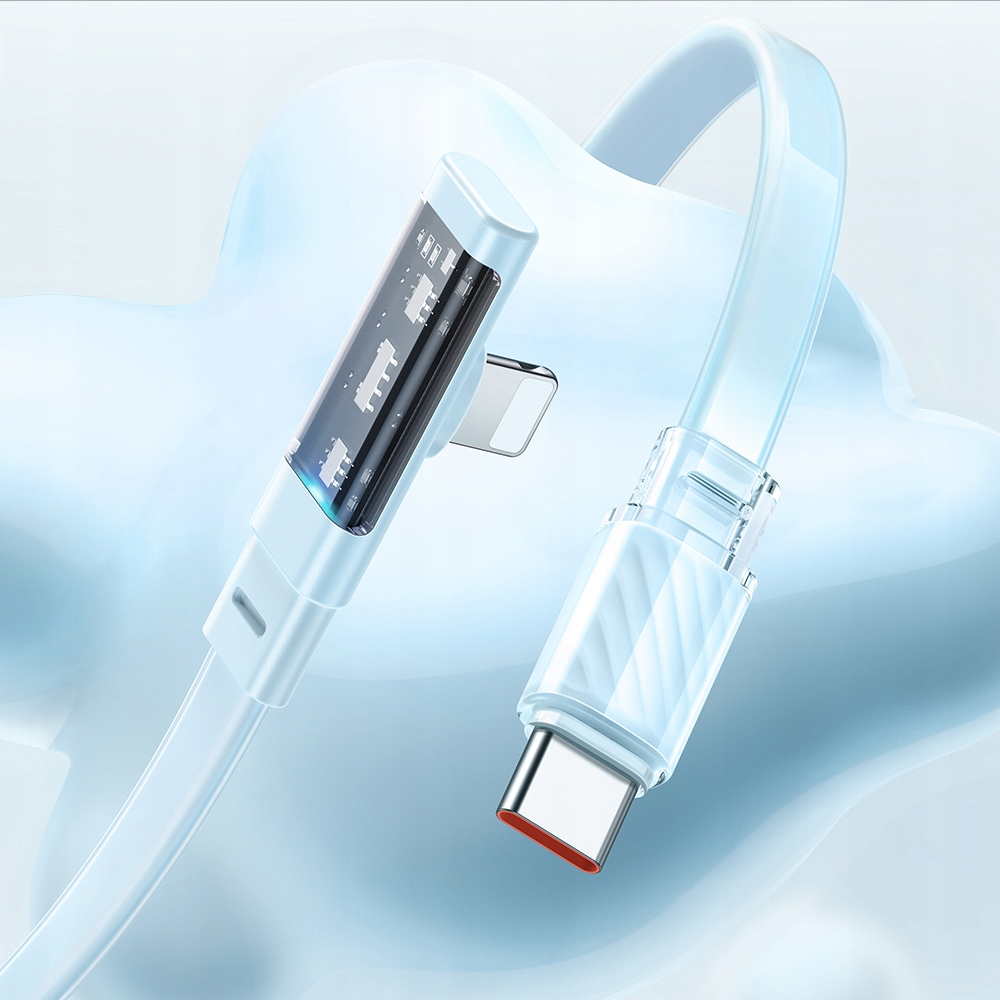 Cavo USB azzurro con connettori trasparenti su sfondo morbido.