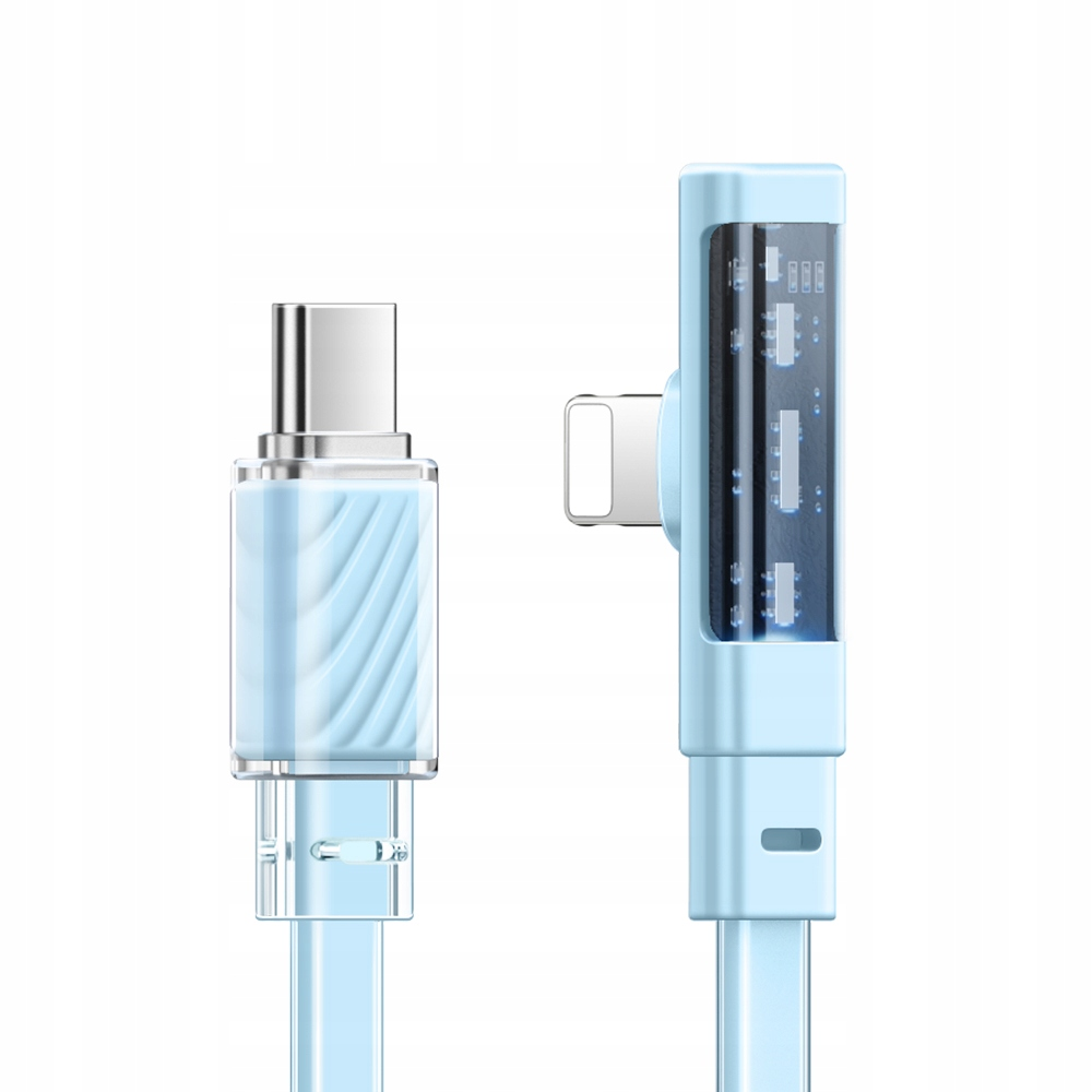 Due connettori per cavo di ricarica azzurri, uno con USB-C e uno con connettore Lightning, su sfondo bianco.