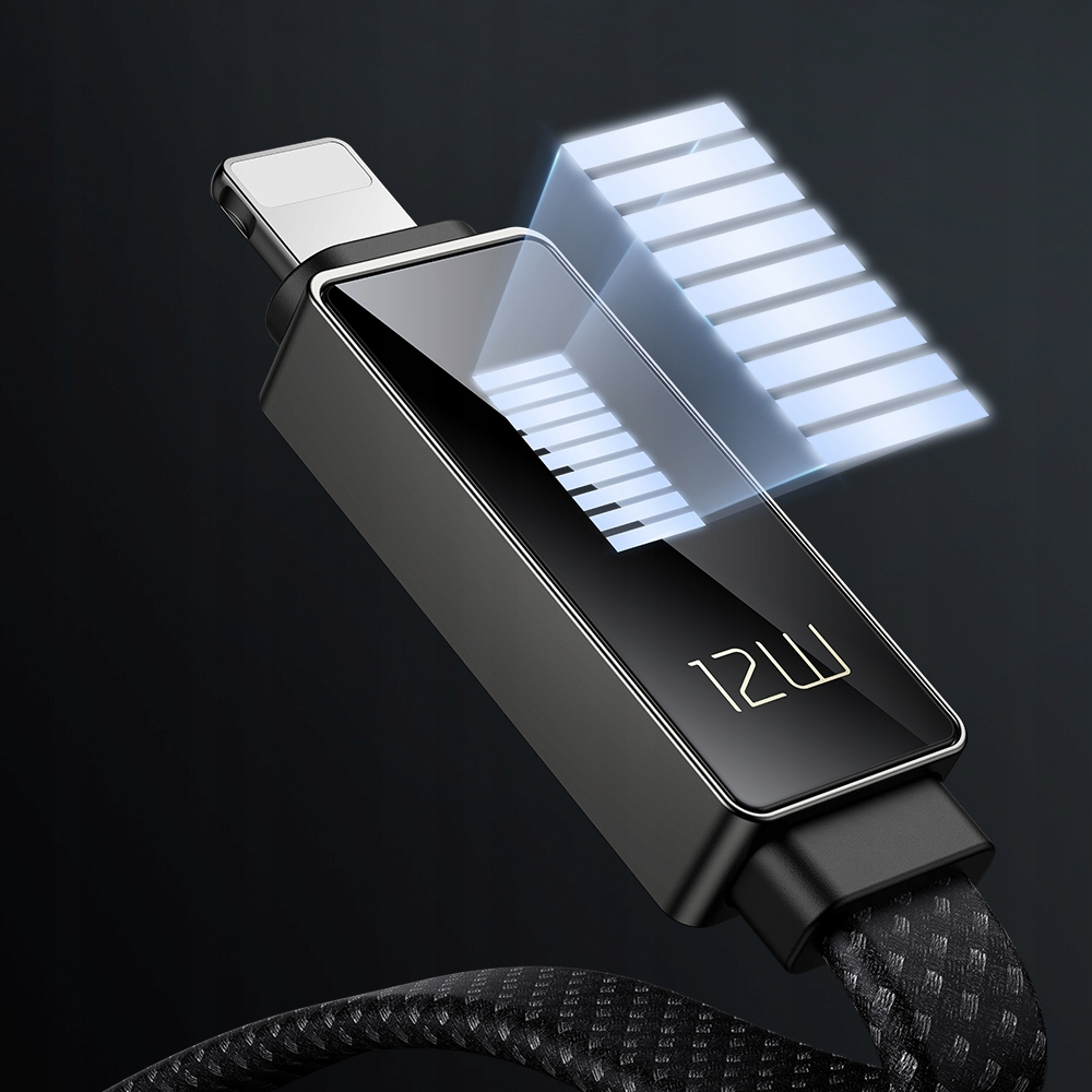 Un cavo di ricarica nero con display digitale e barre luminose.