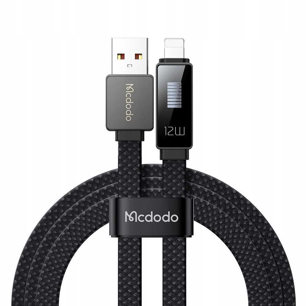 Un cavo intrecciato nero Mcdodo da USB-A a Lightning con display LED digitale.