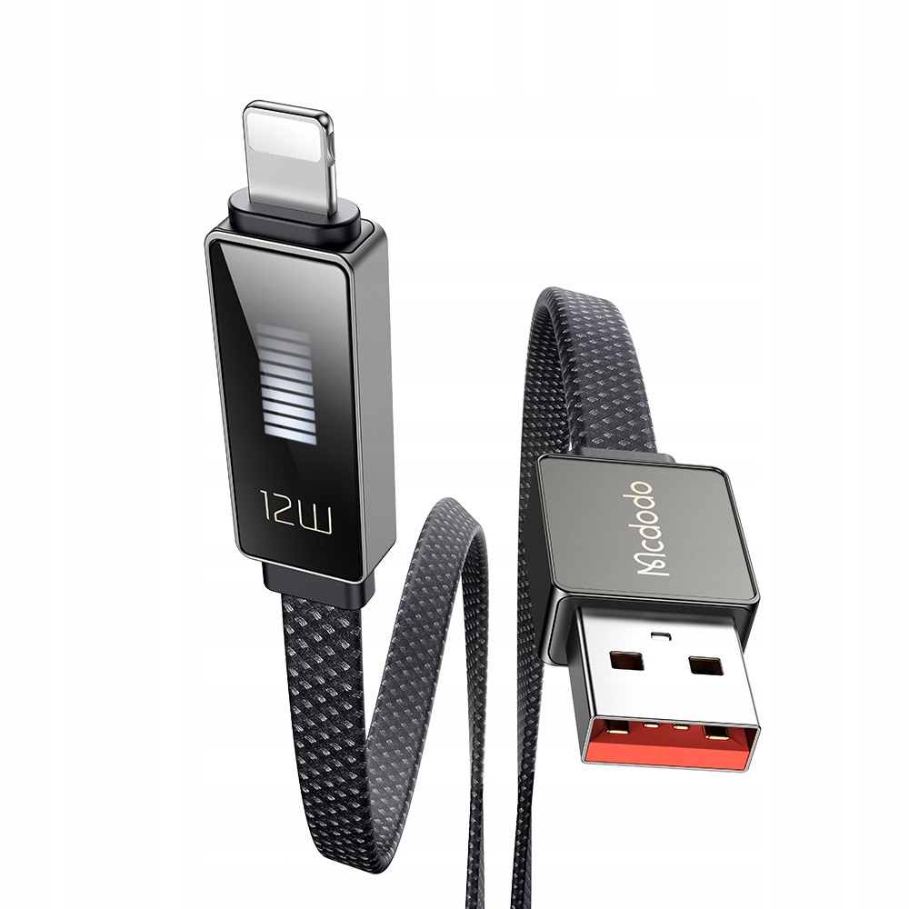 Cavo di ricarica nero con display LED per Lightning e USB.