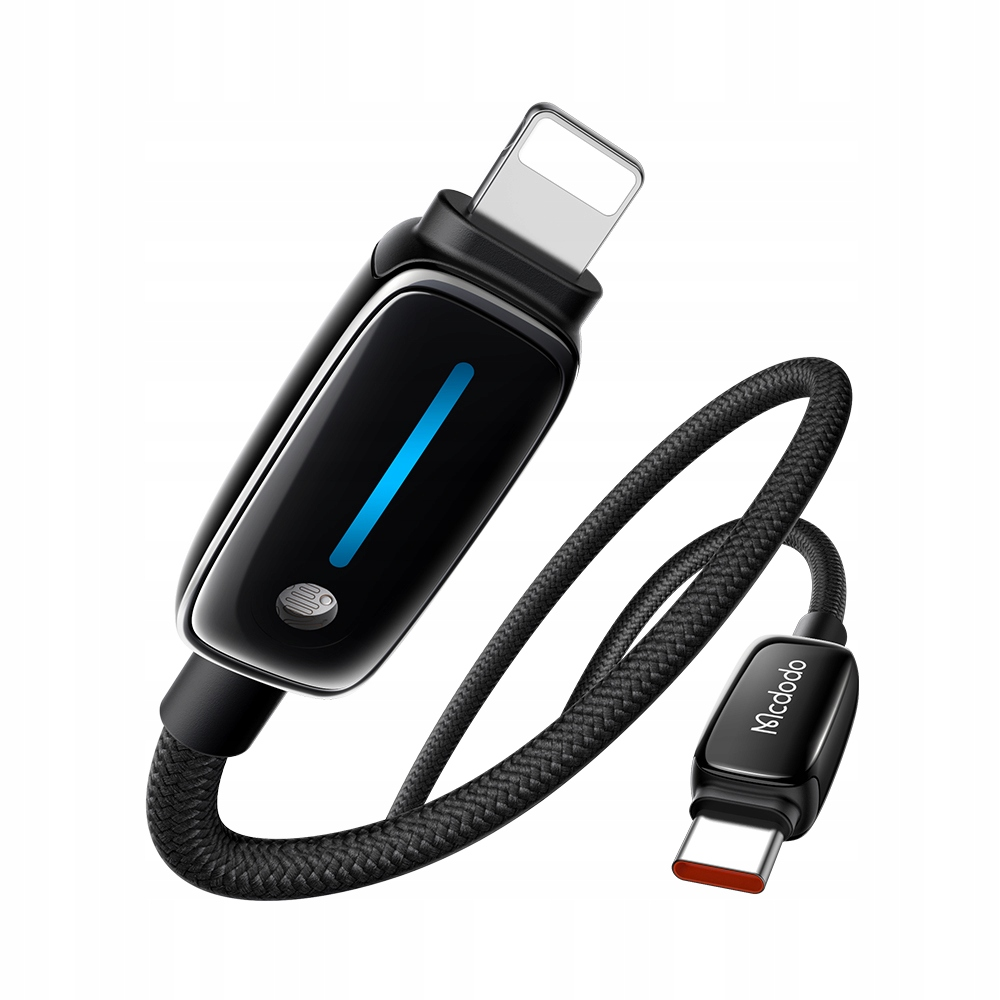 Cavo di ricarica nero con display integrato, un connettore Lightning e un connettore USB-C.
