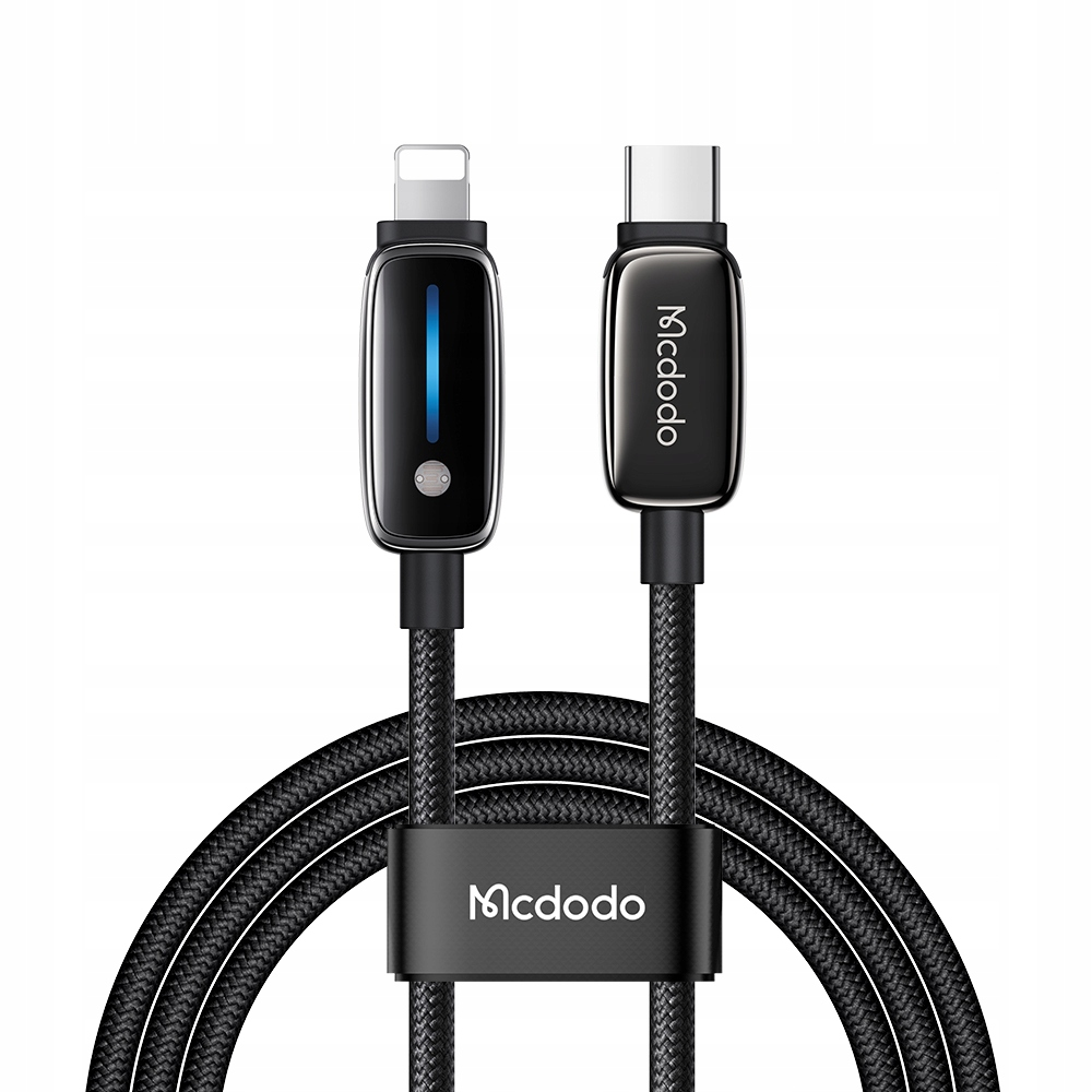 Cavo di ricarica da USB-C a Lightning Mcdodo nero con cavo intrecciato e indicatore LED blu.