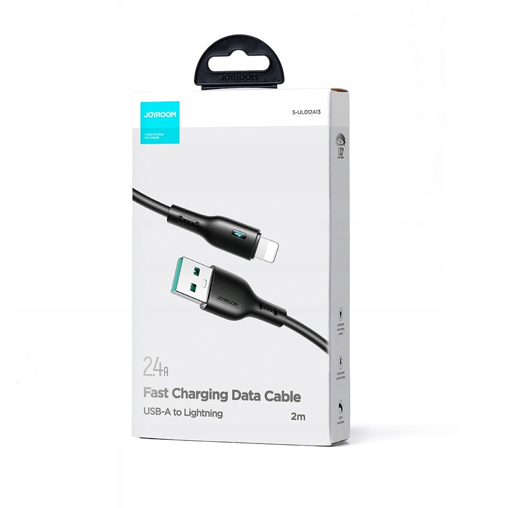 Confezione bianca di un cavo di ricarica rapida Joyroom da USB-A a Lightning con immagine.
