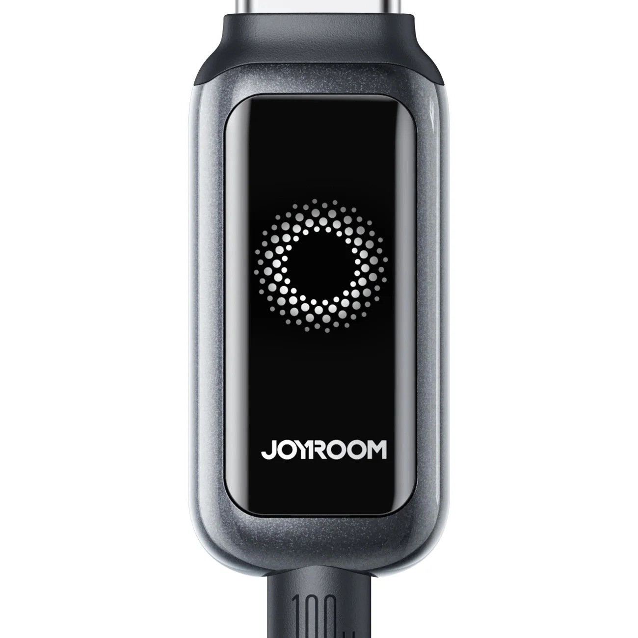 Un cavo di ricarica Joyroom grigio con display digitale e logo circolare.