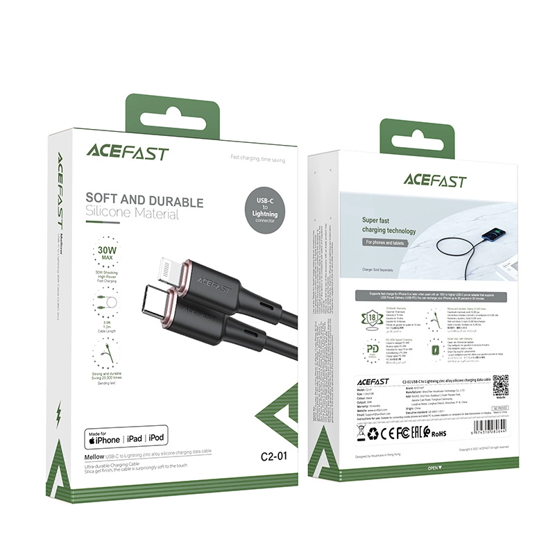 Confezione di un cavo USB-C a Lightning Acefast con dettagli tecnici e immagine.