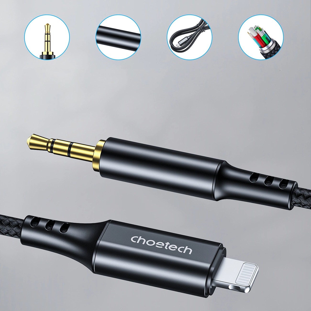 Cavo audio Choetech con jack da 3,5 mm e connettore Lightning su sfondo grigio.