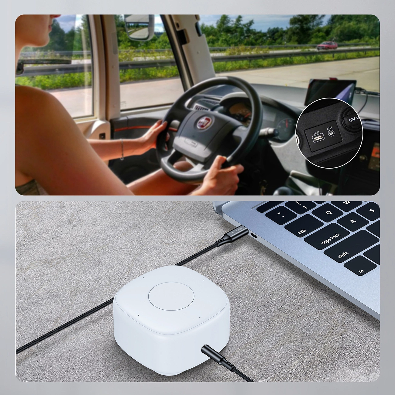 Donna che guida un'auto, sopra; hub USB bianco collegato a un laptop e cavi, sotto.