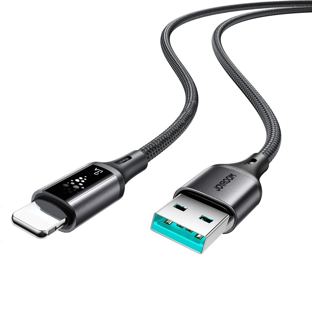 Cavo di ricarica da USB-A a Lightning nero con rivestimento intrecciato e display digitale sul connettore.
