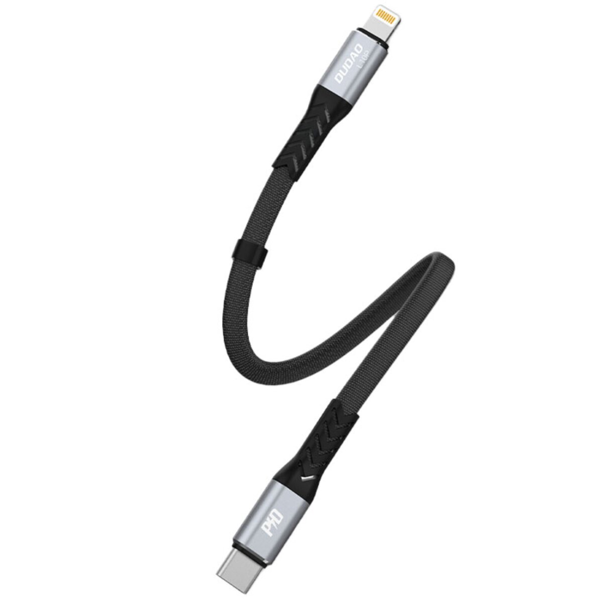 Un cavo intrecciato da USB-C a Lightning con dettagli grigi e neri su sfondo bianco.