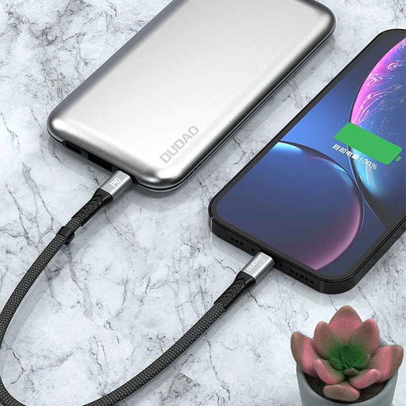 Un power bank argento e uno smartphone collegati con un cavo di ricarica su una superficie di marmo.