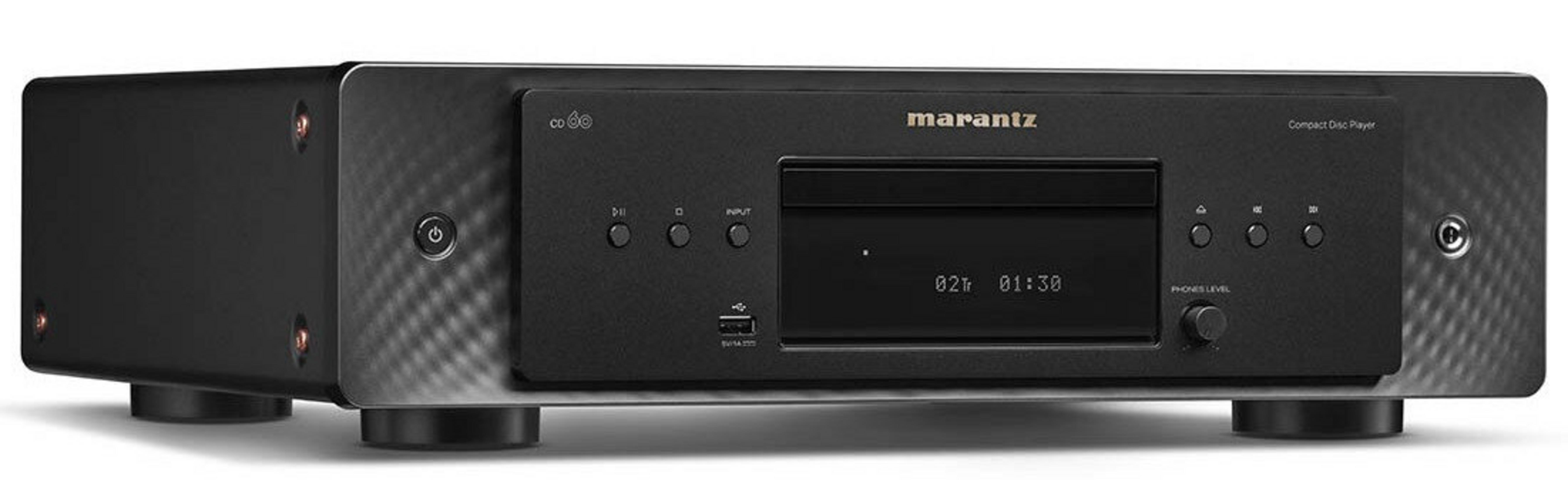 Czarny odtwarzacz CD Marantz CD 60 na białej powierzchni, z przyciskami, portem USB i cyfrowym wyświetlaczem.