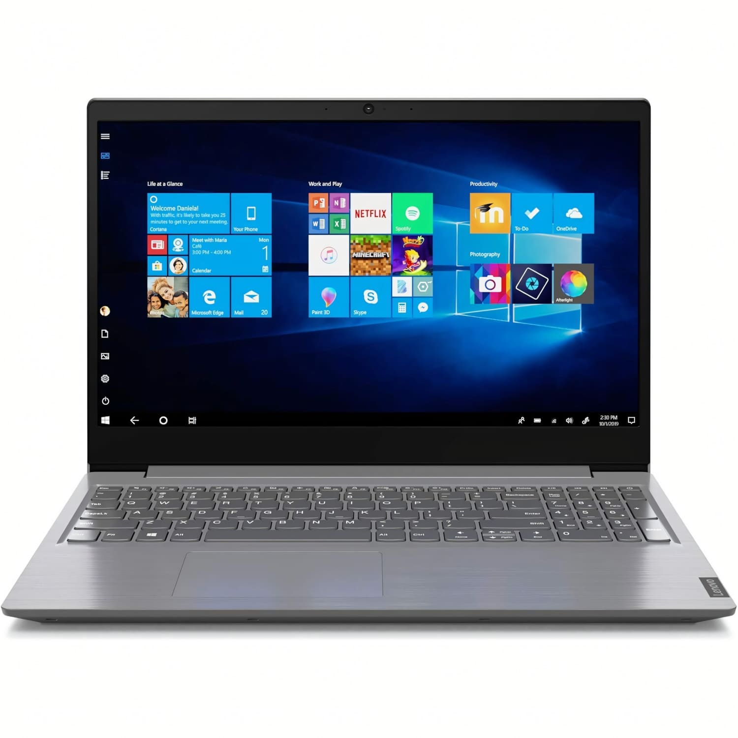 Un ordenador portátil gris abierto, con una pantalla de escritorio azul de Windows 10 y teclado completo.