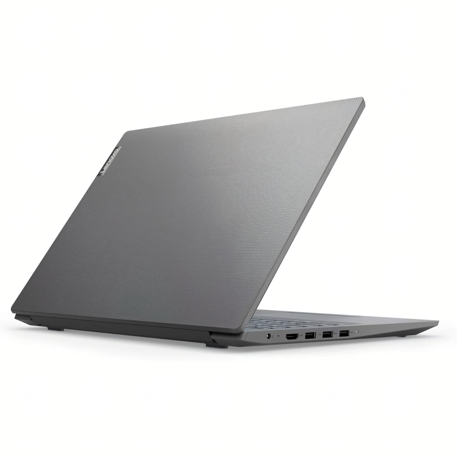 Un ordenador portátil Lenovo gris se muestra desde atrás sobre un fondo blanco.