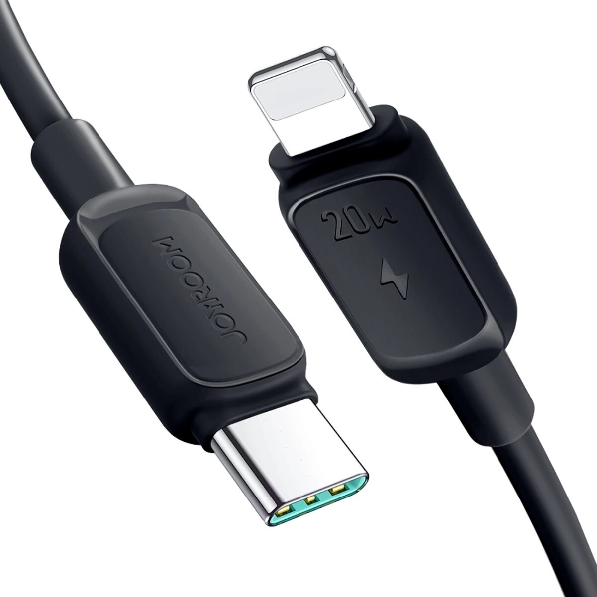 Cavo USB-C a Lightning nero con incisione 20W su sfondo bianco.