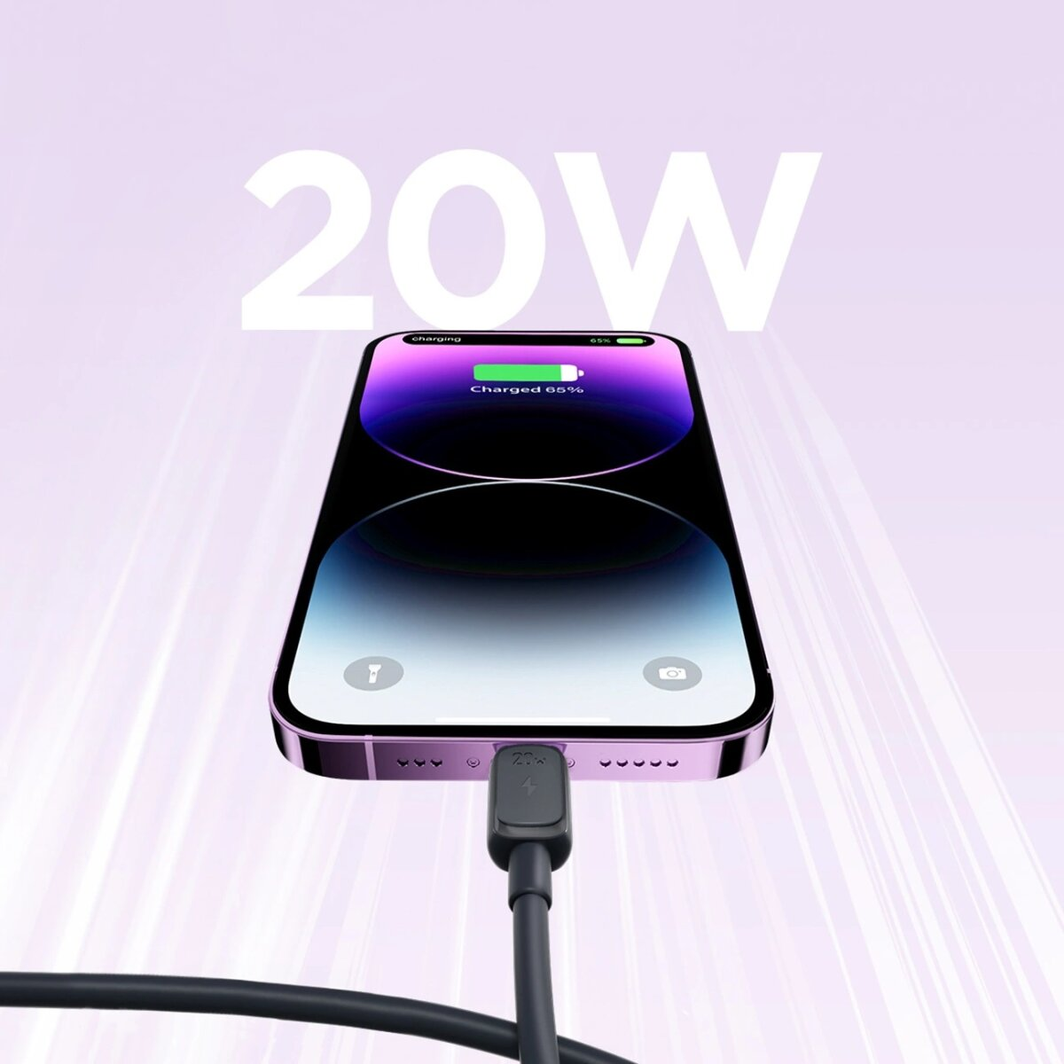 Smartphone viola collegato a un cavo di ricarica con scritta 20W su sfondo viola.