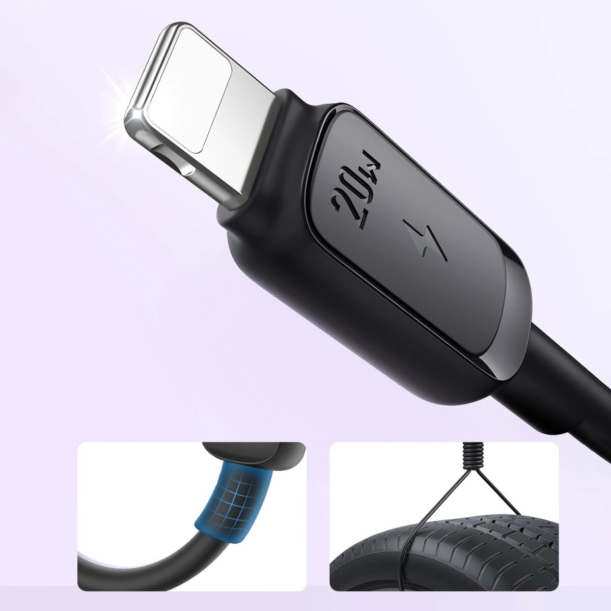 Connettore di ricarica nero USB-C da 20W con spina in metallo e due piccole immagini inset che mostrano flessibilità e forza.