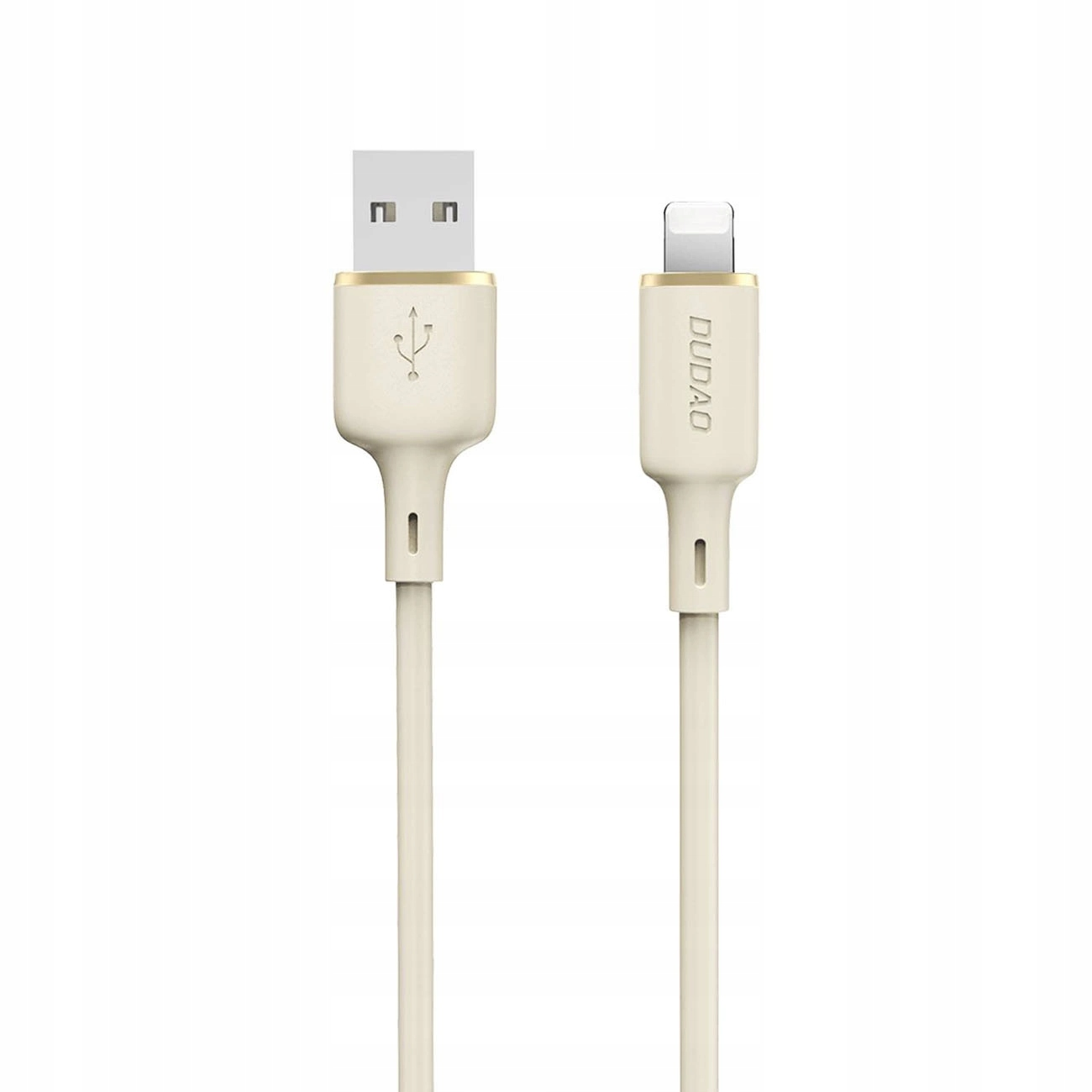 Un cavo di ricarica da USB-A a Lightning beige con dettagli dorati su fondo bianco.