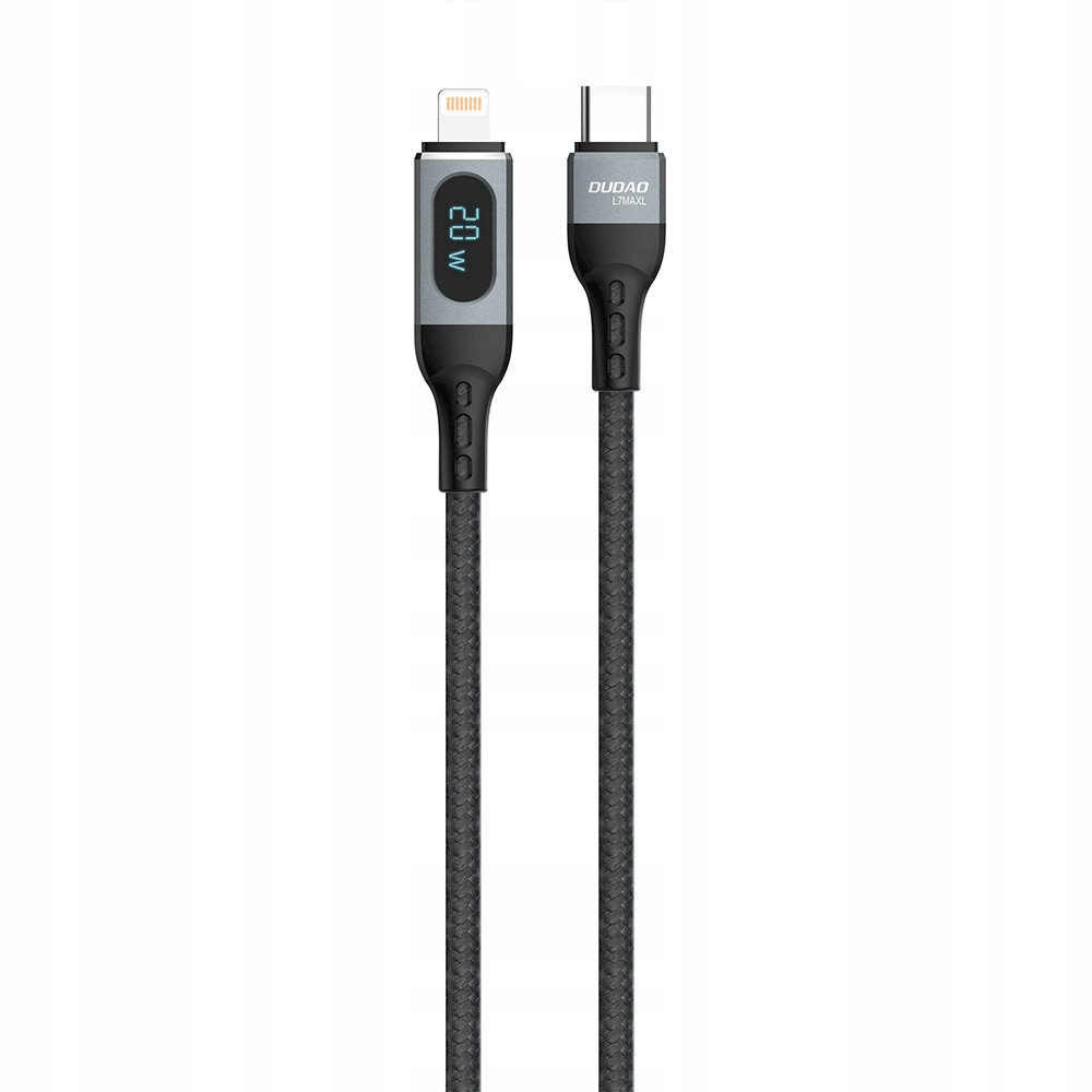 Cavo intrecciato grigio da USB-C a Lightning con display digitale.