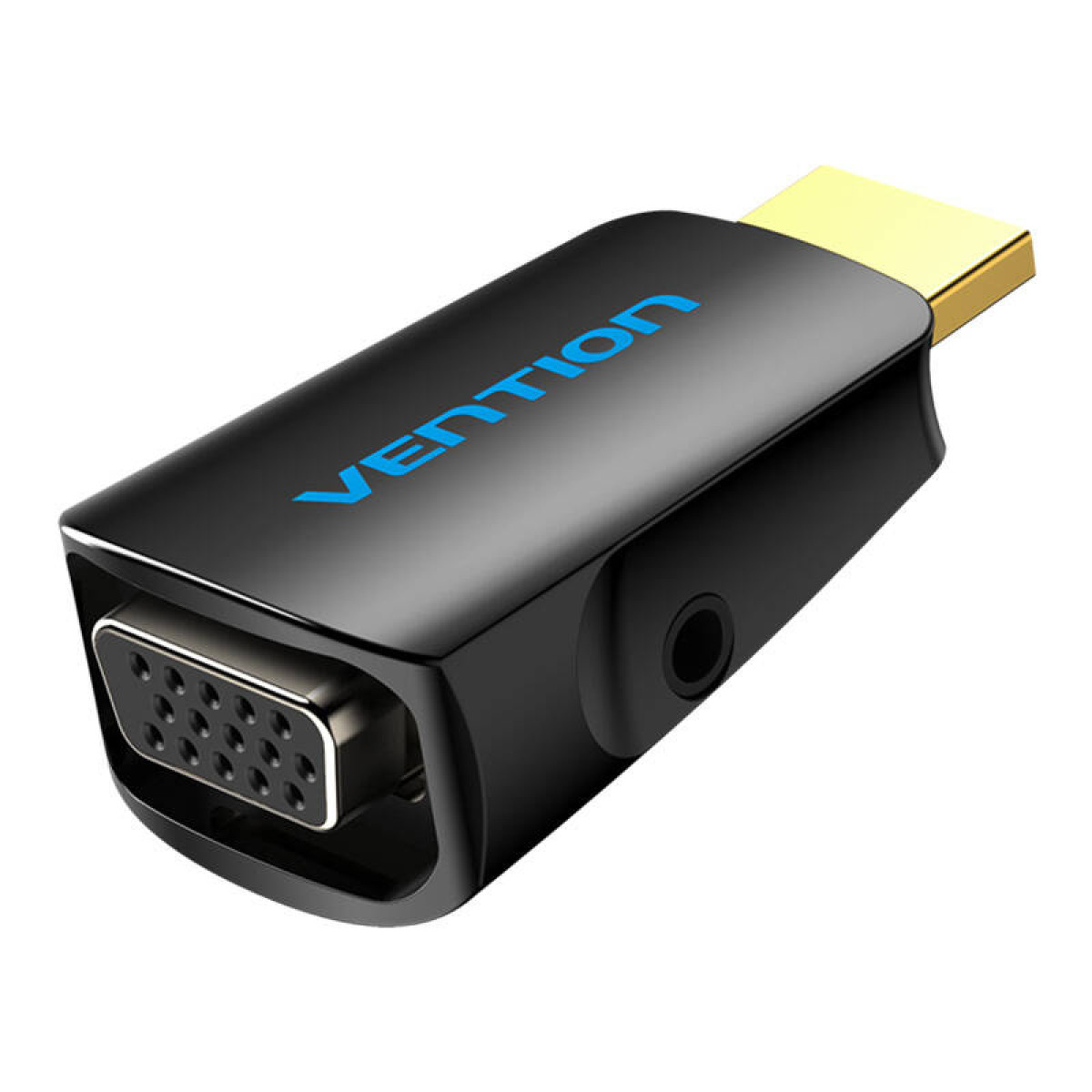 Adattatore HDMI a VGA nero Vention con connettore dorato e logo blu su sfondo bianco.