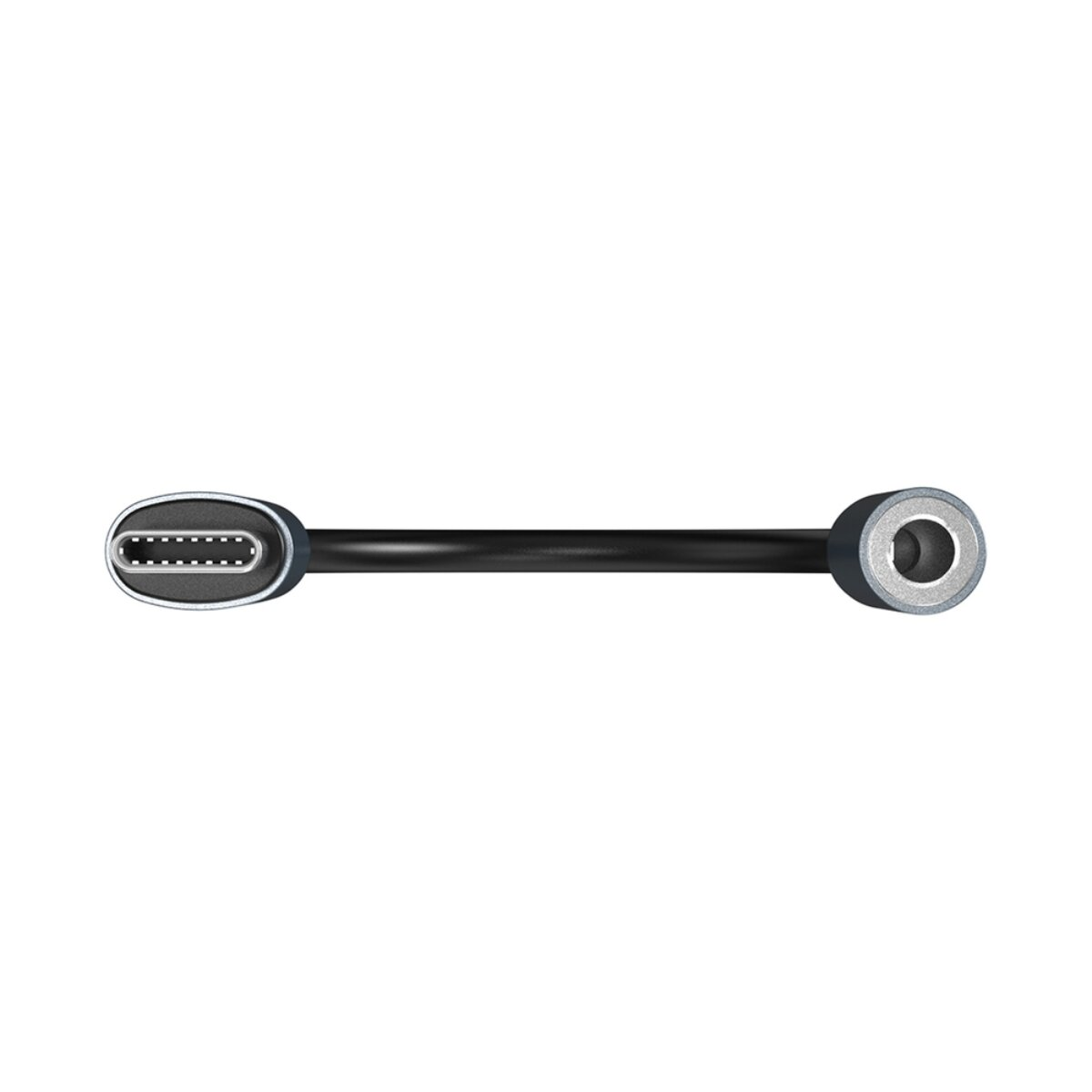 Un breve cavo nero con un connettore USB-C a sinistra e un jack audio da 3,5 mm a destra su sfondo bianco.