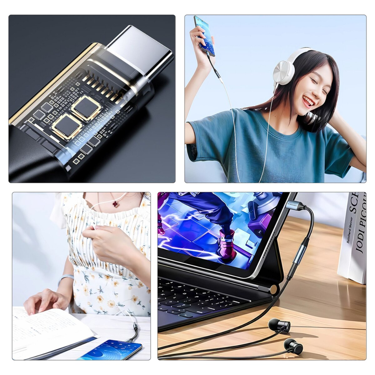 Primo piano dei circuiti interni di un adattatore USB-C e persone che lo usano con cuffie e dispositivi.