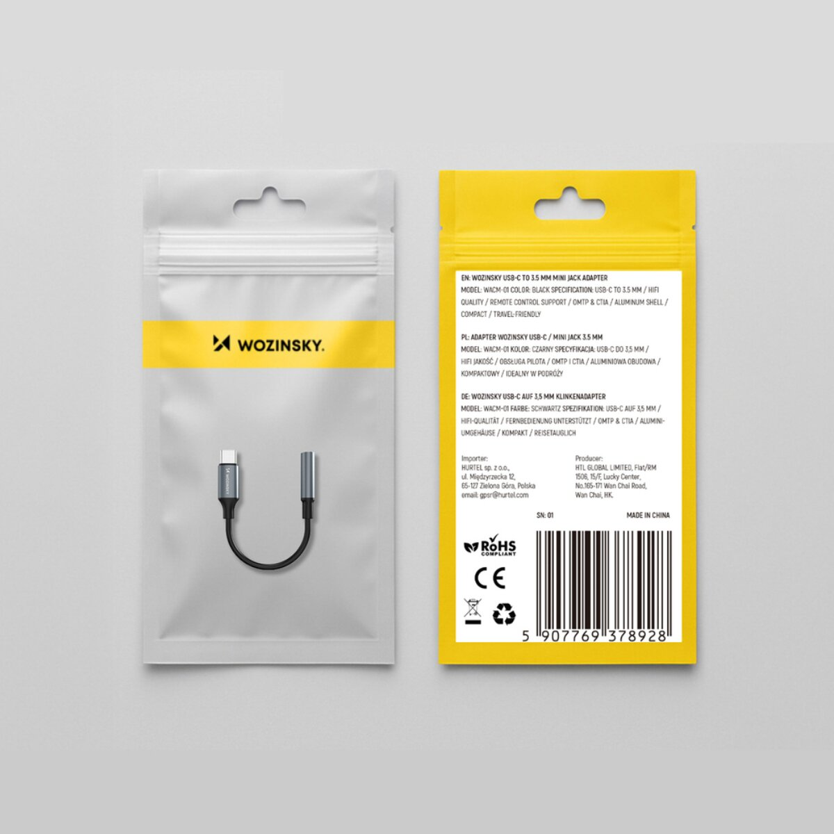 Fronte e retro della confezione di un adattatore USB-C a jack da 3,5 mm Wozinsky.