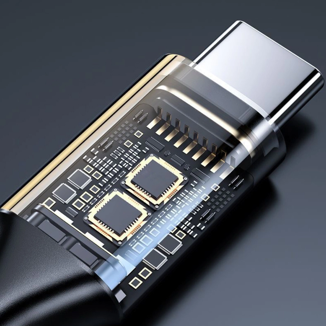 Involucro trasparente per connettore USB-C che rivela microchip e contatti dorati su una scheda di circuito.
