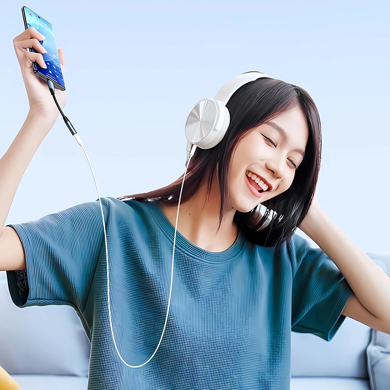 Una giovane donna sorridente con camicia blu indossa cuffie bianche e tiene uno smartphone collegato da un cavo.