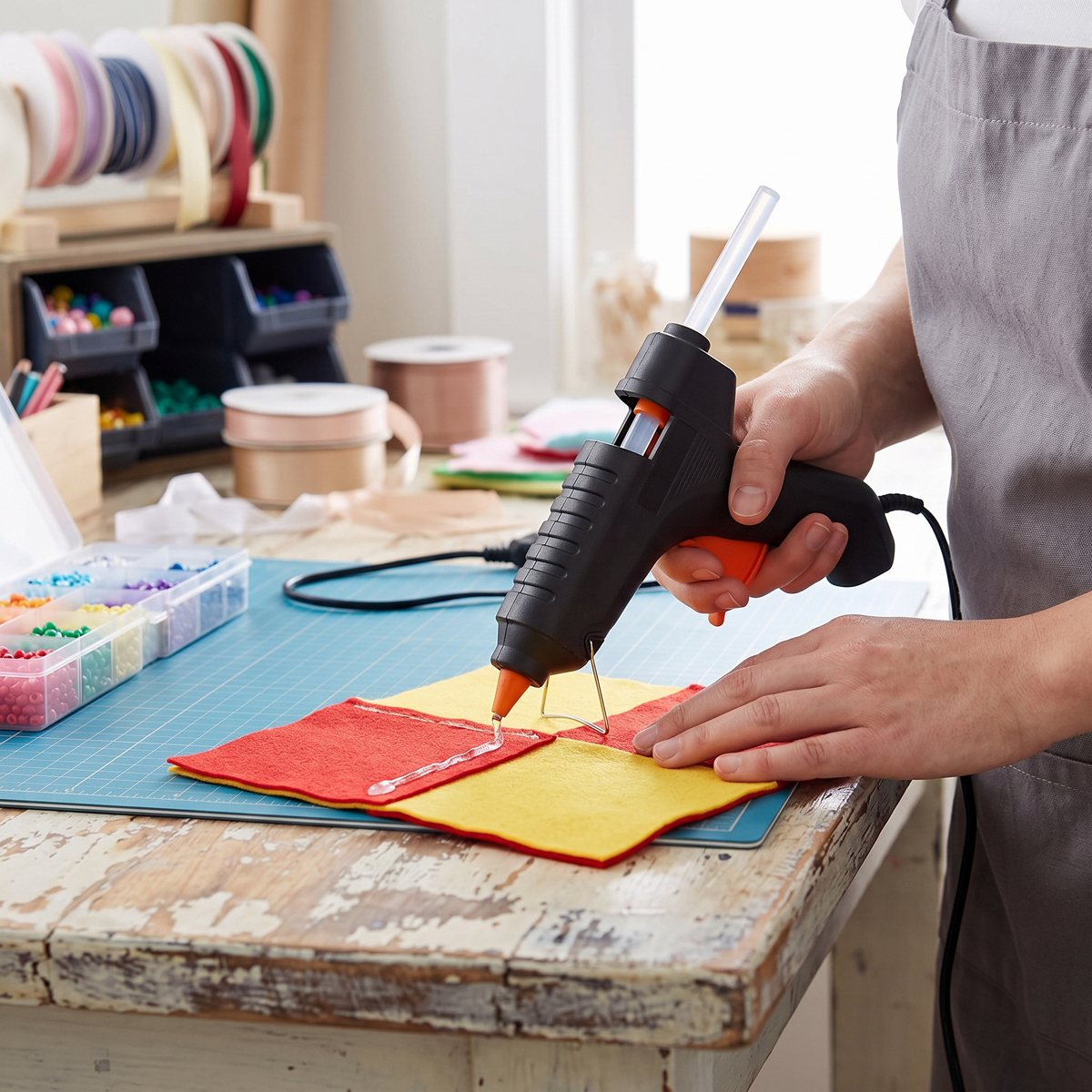Eine Person mit einer Heißklebepistole klebt bunte Filzstücke auf einem Holztisch.