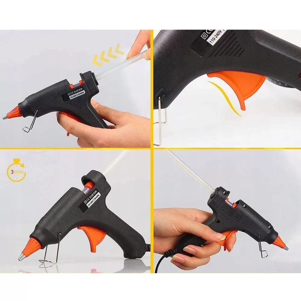 Vierteiliges Bild zeigt die Verwendung einer schwarzen Heißklebepistole mit orangenem Abzug und Klebestift.