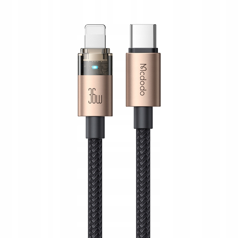 Due cavi di ricarica Mcdodo con cordini neri intrecciati, connettori in metallo dorato e spine Lightning e Type-C.