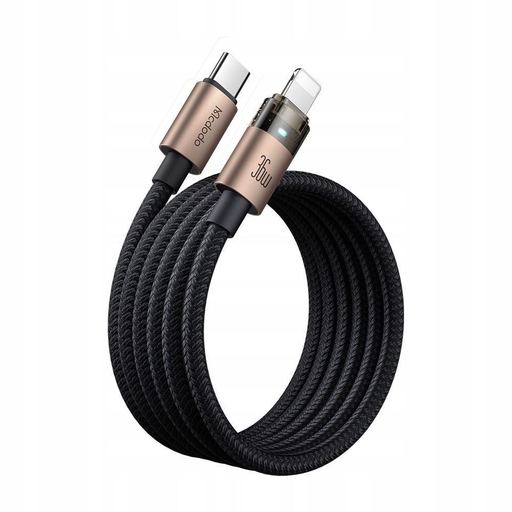 Un cavo di ricarica intrecciato nero con connettori USB-C e Lightning dorati su sfondo bianco.