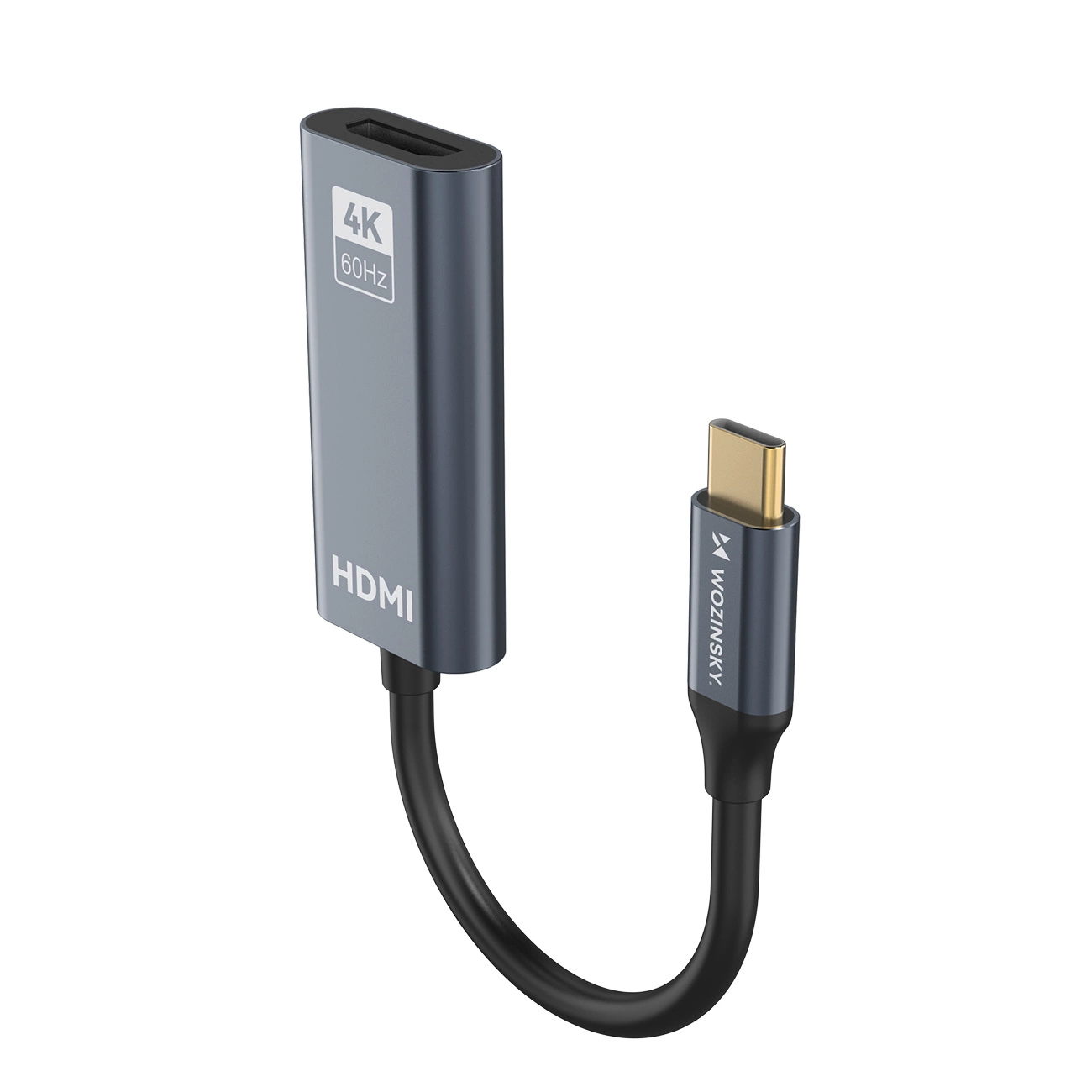 Un adattatore grigio da HDMI a USB-C con cavo su sfondo bianco.