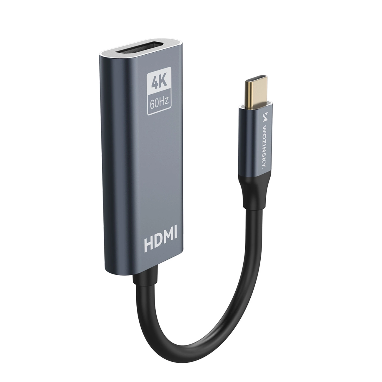 Adattatore grigio Wozinsky da USB-C a HDMI 4K 60Hz con cavo nero su fondo bianco.