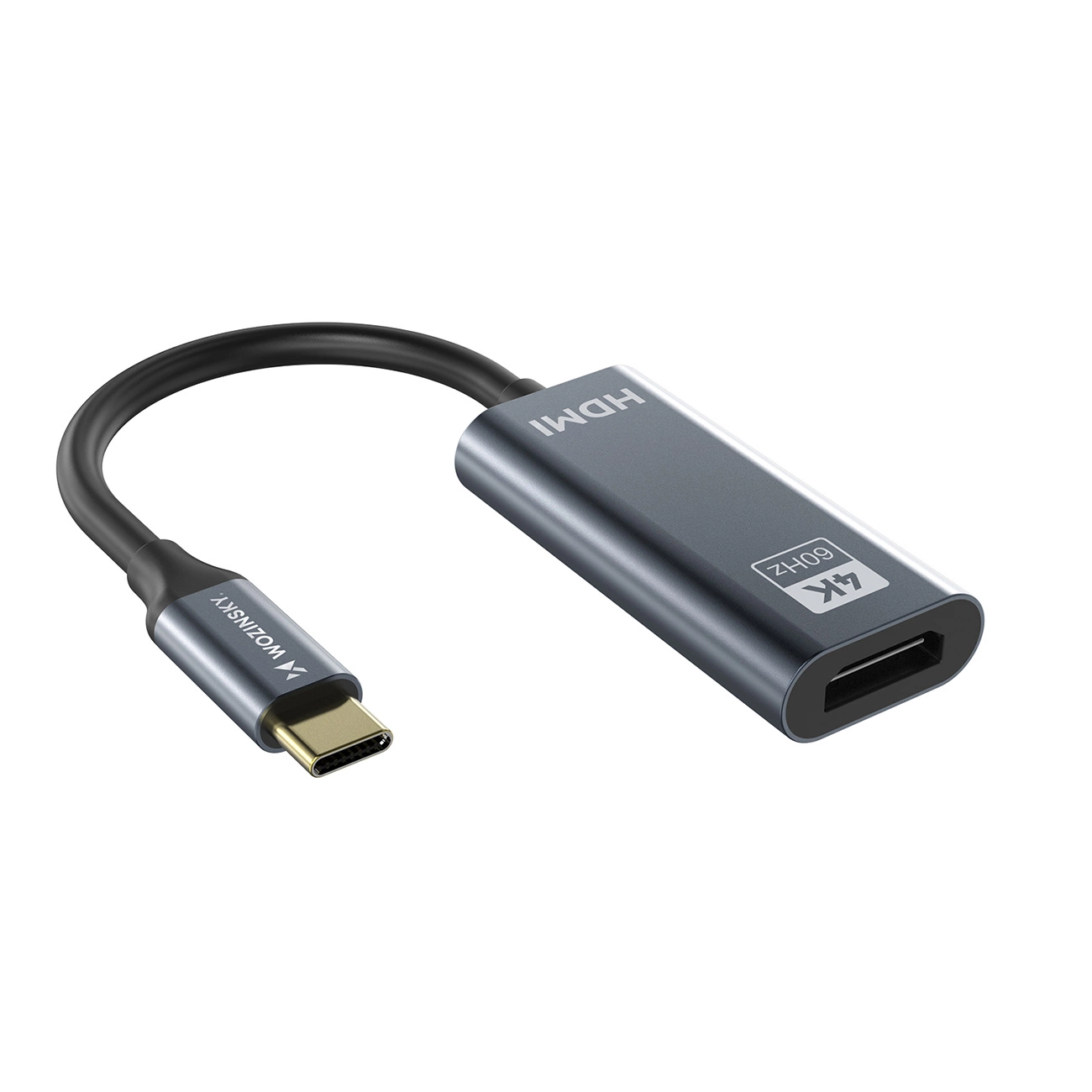 Adattatore USB-C a HDMI grigio con un breve cavo nero su sfondo bianco.