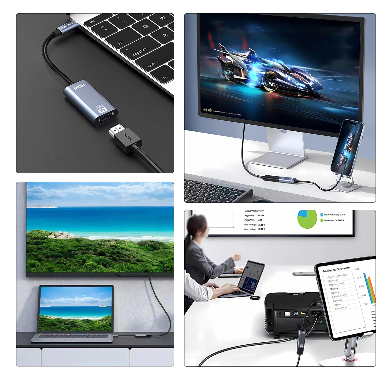 Un adattatore HDMI grigio collega un laptop a un monitor, mostrando auto da corsa e grafiche di spiaggia.