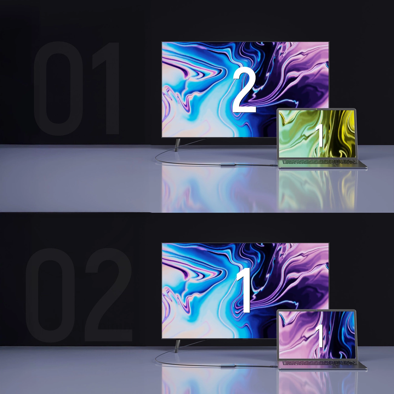 Due monitor e un laptop mostrano opzioni di configurazione in un set.