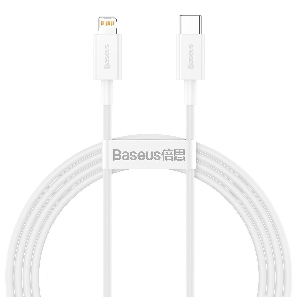Ein weißes Baseus-Ladekabel mit Lightning- und USB-C-Anschlüssen, ordentlich aufgewickelt und gesichert.
