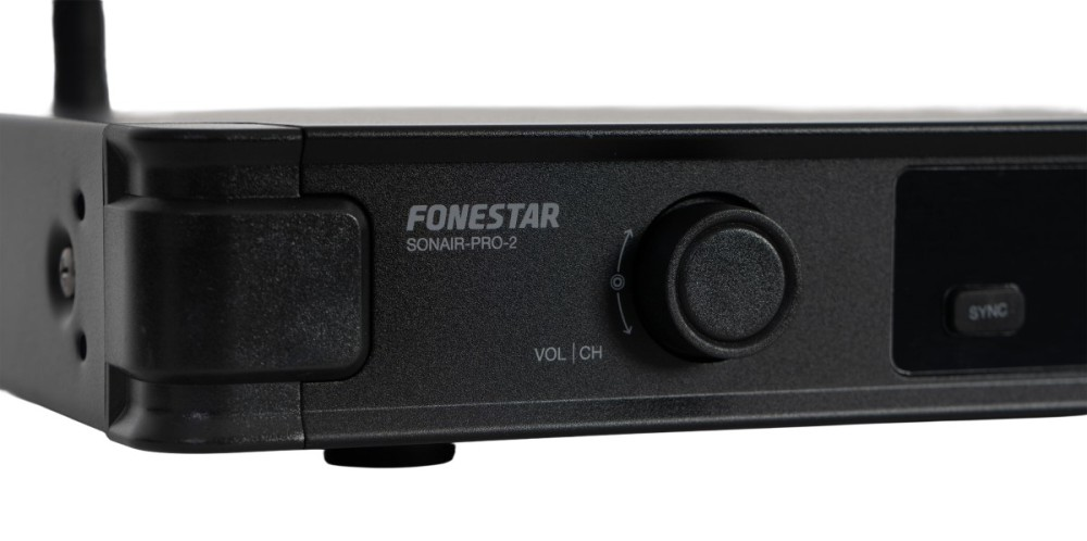 Czarne urządzenie audio Fonestar Sonair-Pro-2 z pokrętłem głośności i przyciskiem sync.