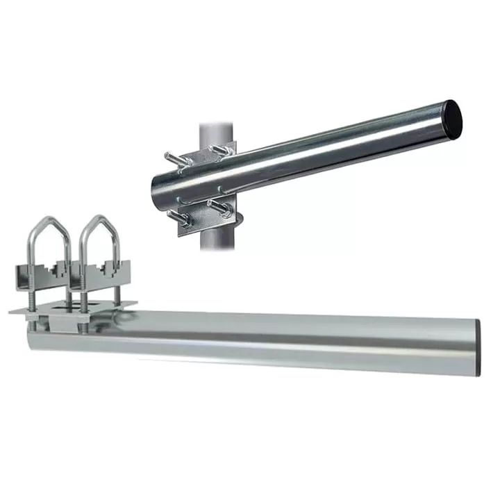 Metallrohrhalterung mit U-Bögen und Schrauben zur Befestigung an Stangen.