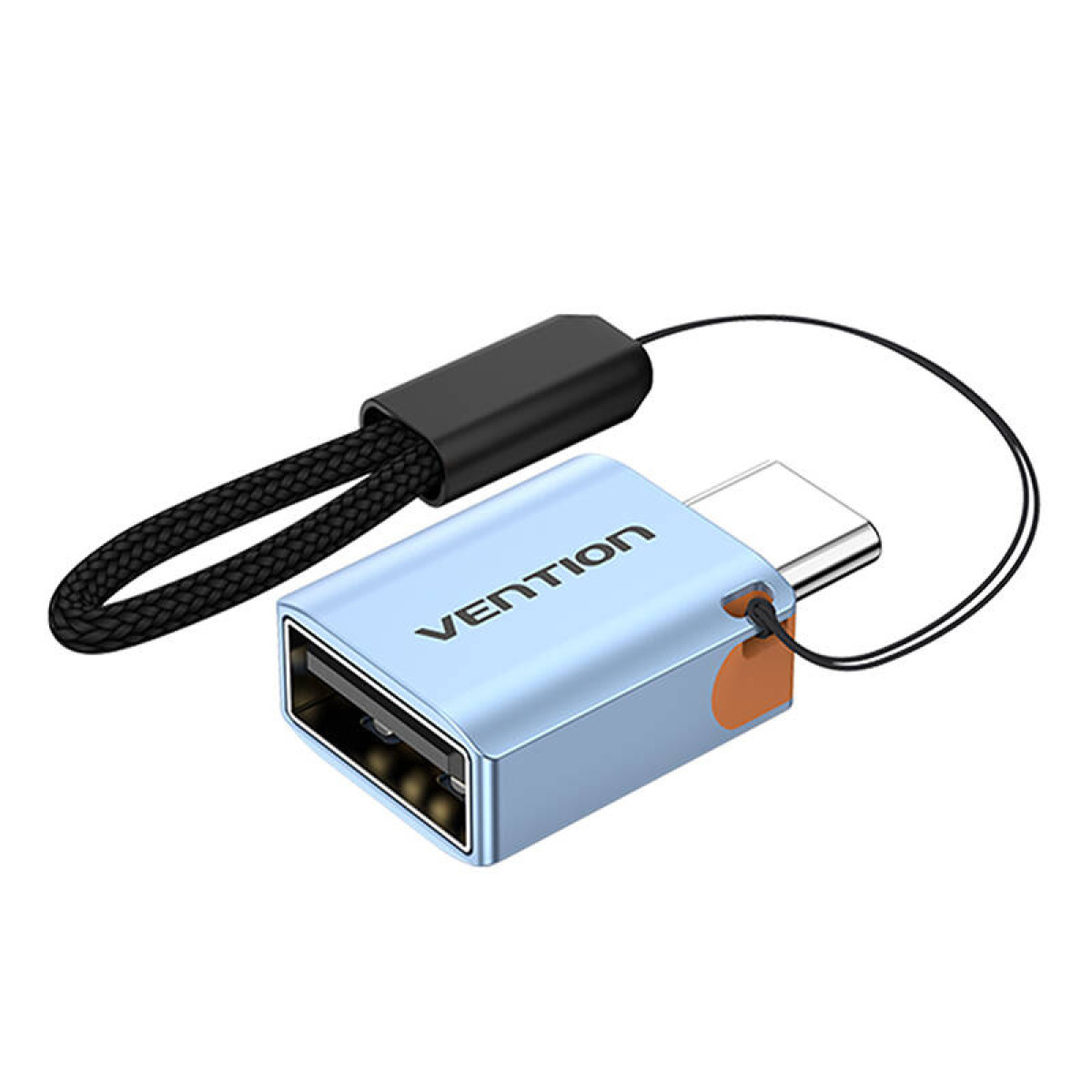 Un adattatore da USB-A a USB-C Vention azzurro con cordino intrecciato nero su sfondo bianco.