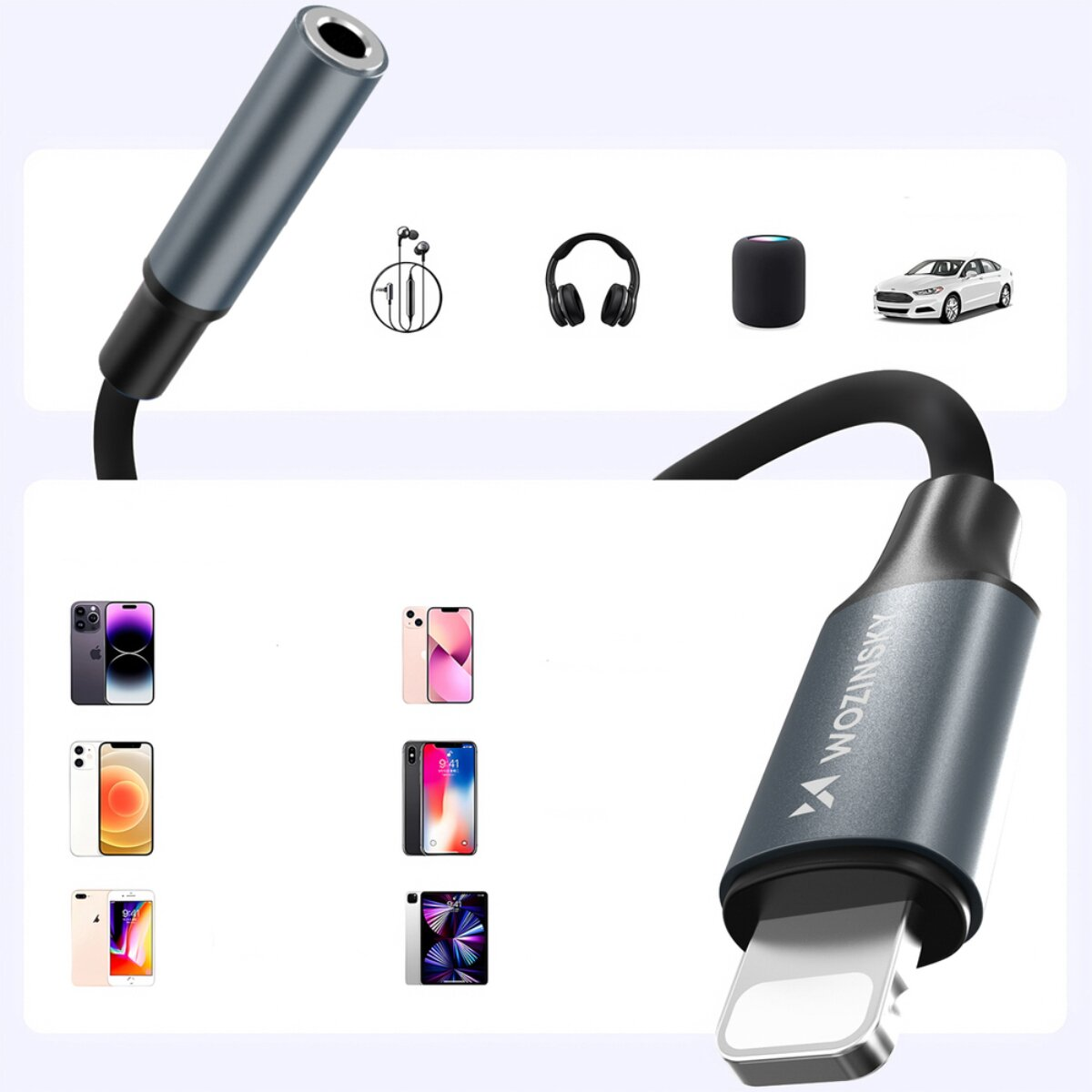 Un adattatore audio da Lightning a 3,5 mm Wozinsky, mostrato con dispositivi compatibili come iPhone, cuffie e auto.